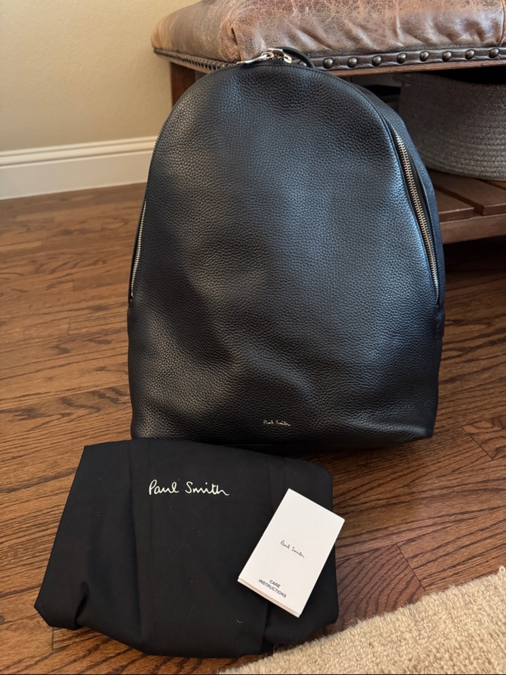 Paul Smith Black Pebbled Leather Backpack with Silver Zippers